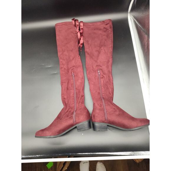 Women’s Burgundy Over-the-Knee Boots Size 8.5 Suede-Look Zip Tie Back Block Heel - Picture 1 of 9